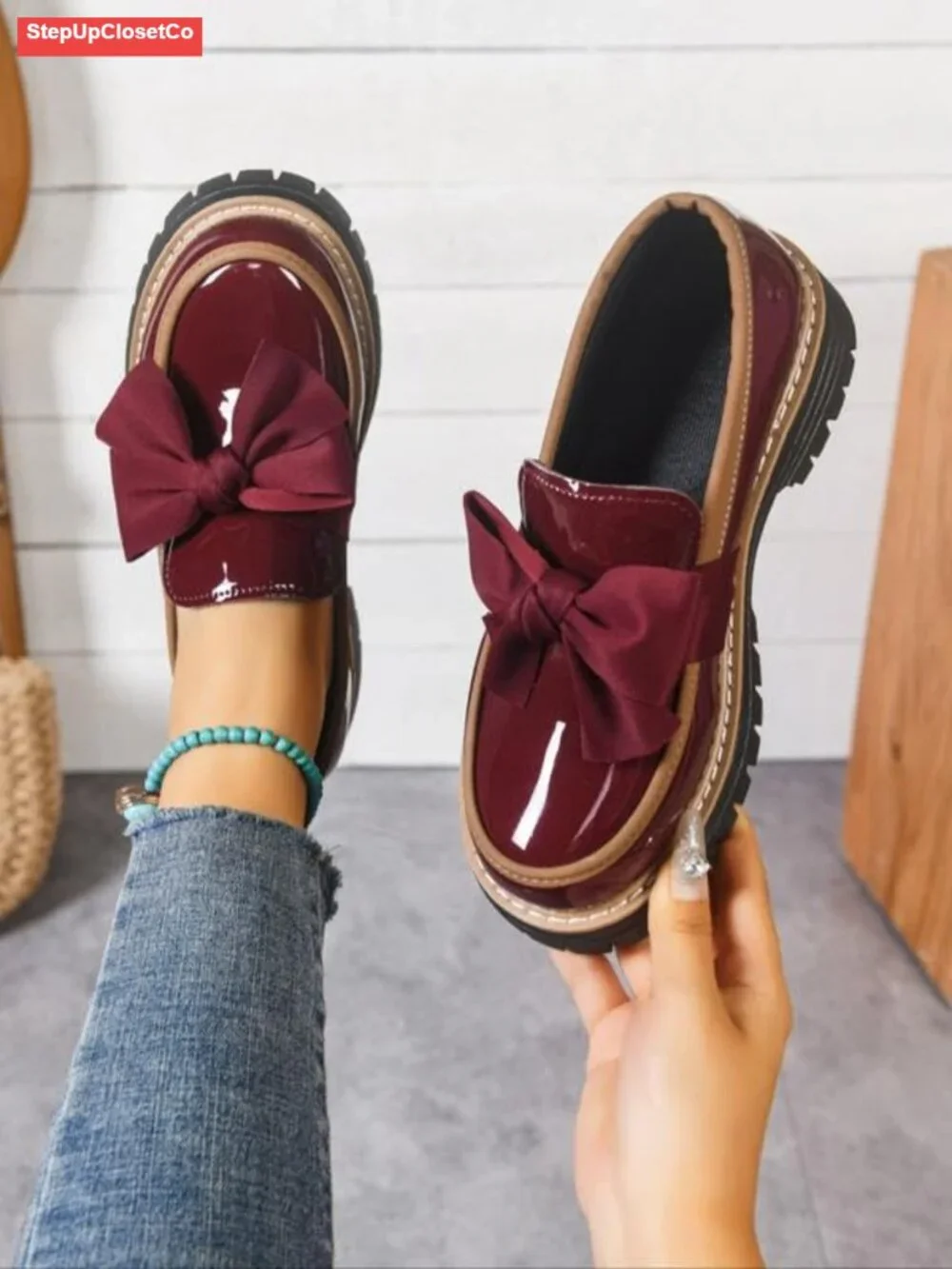 Women's Bowknot Thick Sole Loafers, Chunky Heel Lug Sole, Slip-On Patent